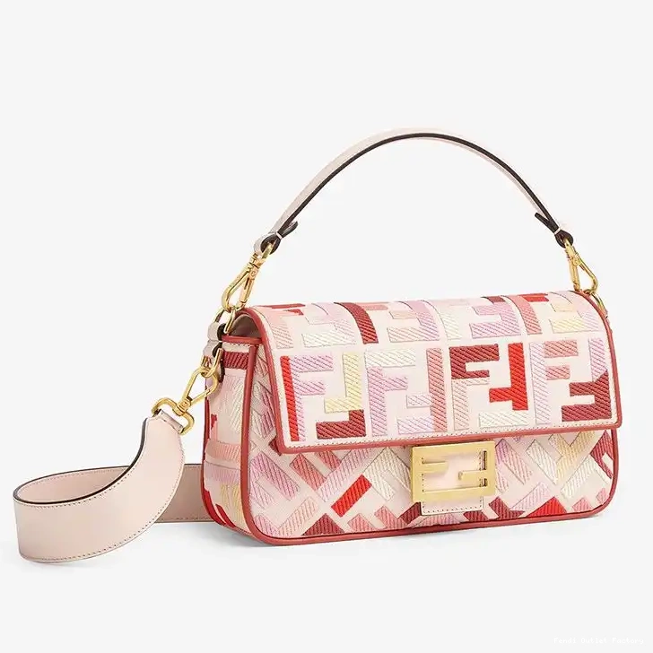 Vintage HOT FF Bag Fendi Red In Baguette Medium Canvas Pink Motif 0624